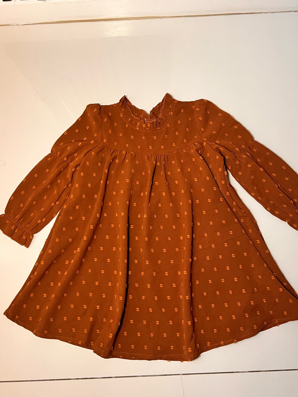 SHEIN Girls Long-Sleeve Ruffle Yoke Dress in Rust